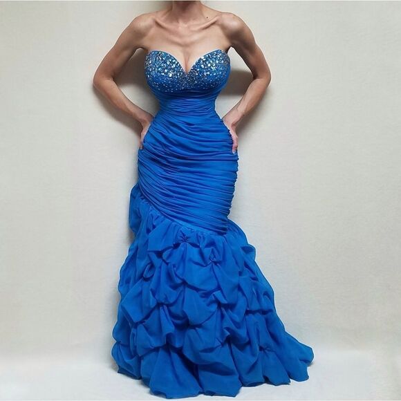 JOLI Prom Blues Ruched Sequin Beaded Bubble Hem Strapless Formal Maxi Dress 12 - Picture 3 of 16